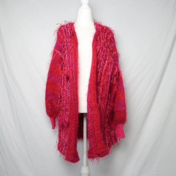 Vintage 80s hot pink and pink mohair angora wool fur shag knit cardigan sweater - Picture 4 of 10
